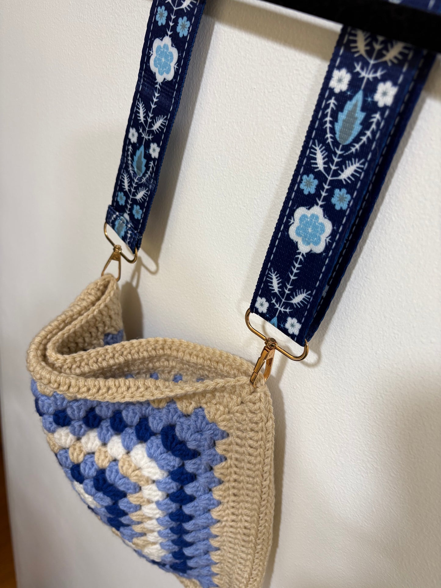 Handmade Granny Square Crochet Bag – Blue & Beige Tones